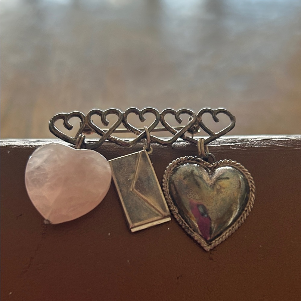 Heart Charm Brooch with Rose Quartz and Silver Hearts